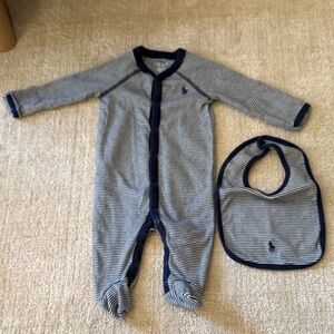 Ralph Lauren Striped Navy Baby One Piece with Bib